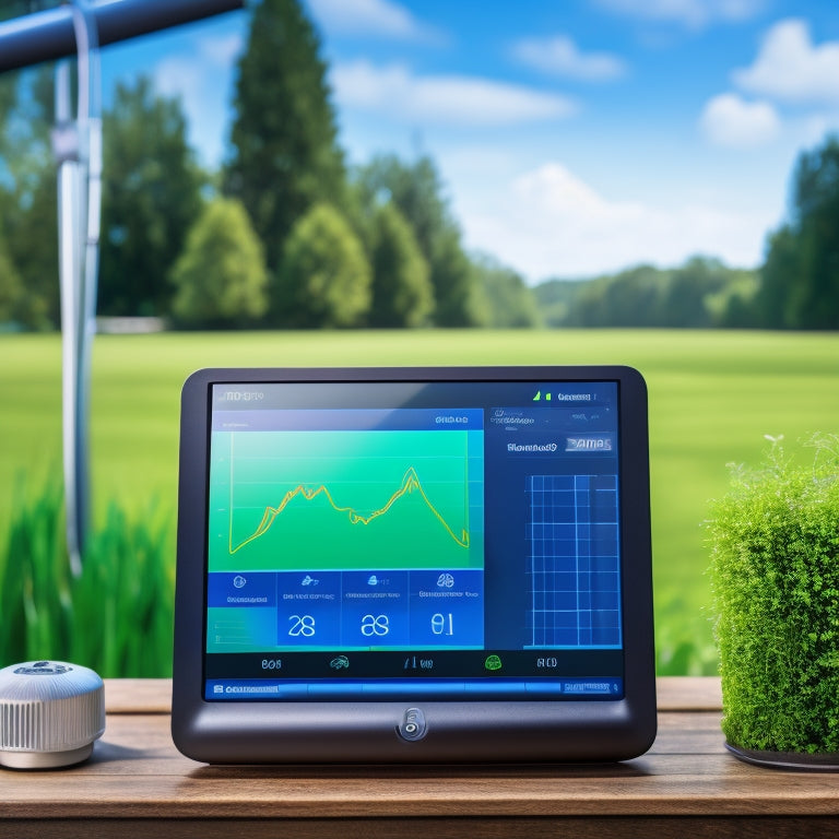 An illustration of a tablet displaying a dashboard with gauges, graphs, and icons, connected to a greywater system via Wi-Fi, amidst a green, lush background with subtle hints of pipes and valves.