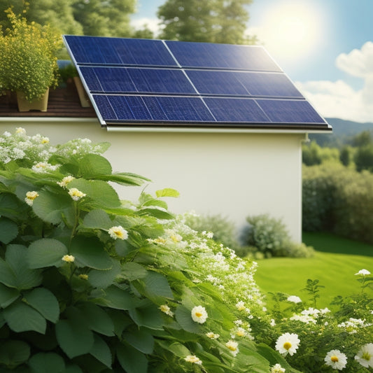 A serene, eco-friendly scene: a solar panel on a rooftop, surrounded by lush greenery, with a gentle breeze blowing a few leaves; in the foreground, a bundle of soft, white, and blue wipes with a small, delicate flower pattern.