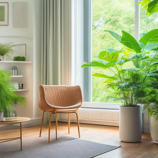 A serene, minimalist living room with a sleek, modern air purifier in the corner, surrounded by lush green plants, and a subtle hint of natural light filtering through a nearby window.