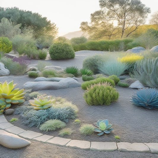 A serene, sun-drenched landscape featuring a thriving drought-proof garden with succulents, rocks, and mulch, contrasted with a withered, brown lawn in the background, highlighting the importance of water conservation.