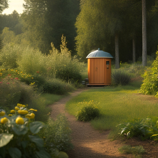 A serene off-grid homestead scene with a composting toilet in a cozy outhouse, surrounded by lush greenery, a water harvesting system, and a thriving vegetable garden in the background.