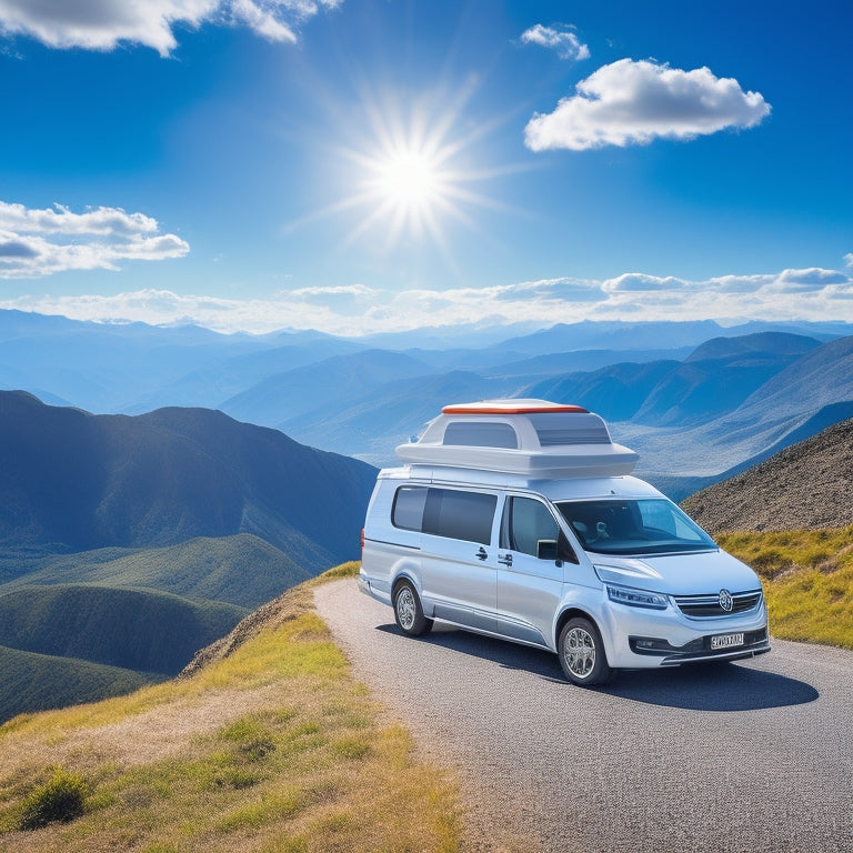 A sleek, modern campervan driving down a winding mountain road, with a variety of roof-mounted solar panels in different shapes, sizes, and angles, set against a bright blue sky with fluffy white clouds.