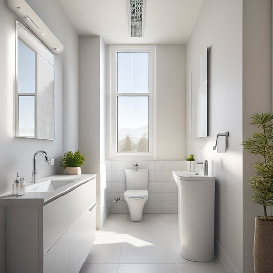 A modern bathroom with a sleek, chrome exhaust fan installed on the ceiling, surrounded by gleaming white tiles and a misty mirror, with a subtle hint of natural light streaming in.