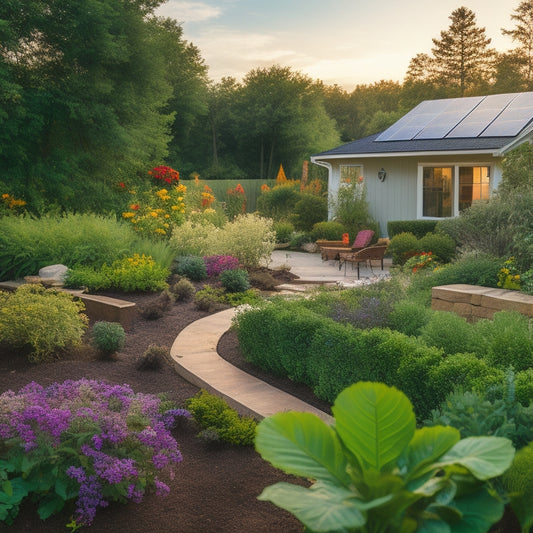 A serene backyard scene with lush greenery, a modern solar panel in the corner, and a drip irrigation system subtly snaking through the soil, nourishing a variety of vibrant flowers and vegetables.
