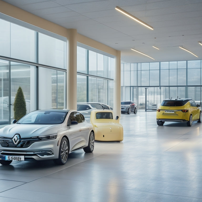 A modern Swedish showroom interior with sleek lines, minimalist decor, and large windows, featuring a row of shiny new Renault electric vehicles, with Nordic-inspired lighting and Scandinavian design elements.