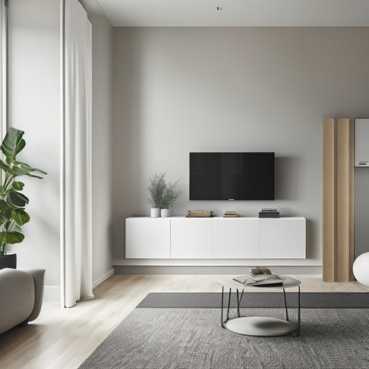 A minimalist, modern urban apartment interior with sleek lines, neutral tones, and a limited color palette, featuring a compact, wall-mounted battery system blending seamlessly into the background.