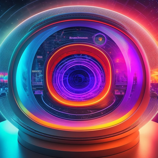 A futuristic, circular dashboard displays a glowing, 3D house silhouette amidst swirling, colorful energy waves, surrounded by orbiting, pulsing meters and gauges, with a subtle grid background.