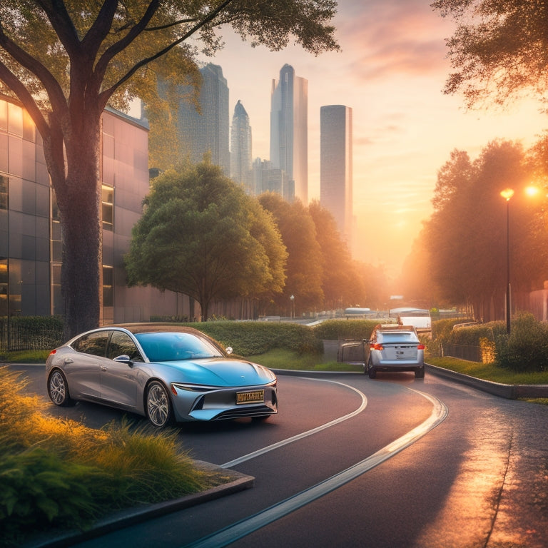 A serene, modern cityscape at dawn, with sleek, silver electric vehicles parked alongside a winding road, amidst lush greenery, with a subtle, glowing aura surrounding the cars.