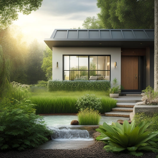 An illustration of a modern, eco-friendly home with a prominent water meter display on the exterior wall, surrounded by lush greenery and a few scattered water droplets.