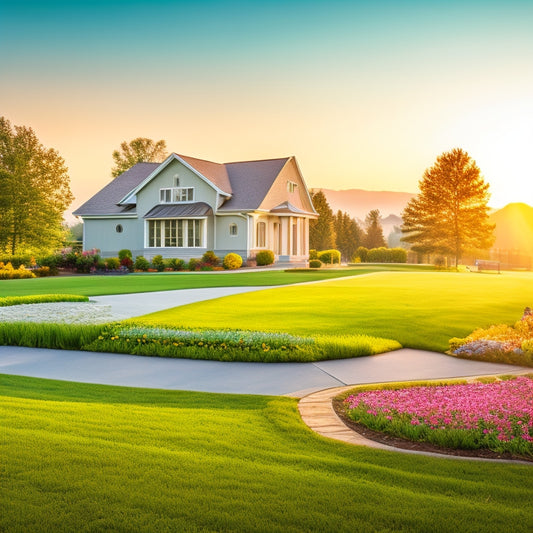 A serene suburban landscape at dawn, with a lush green lawn and vibrant flowers, surrounded by a subtle mist, highlighting a sleek, modern irrigation system with sensors and timer devices.