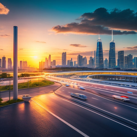 A futuristic cityscape at dusk, with electric vehicle charging stations and sleek, modern buildings in the foreground, surrounded by a network of roads and highways, under a bright blue sky with subtle, glowing EV charging symbols.