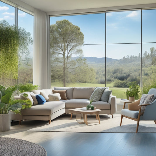 A serene living room with a gentle breeze, featuring a foreground of various earth-friendly air filters in different shapes and sizes, surrounded by lush greenery and a subtle blue sky in the background.