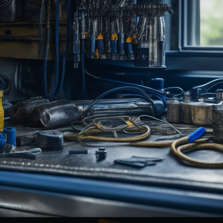 A close-up of a clean and well-organized vehicle panel with gleaming metal surfaces, wires, and components, surrounded by scattered tools and a faint blurred background of a garage or workshop.