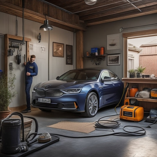 An image depicting a homeowner in a garage, surrounded by tools and wires, installing an EV charger on the wall, with a sleek electric vehicle in the background, plugged in and charging.