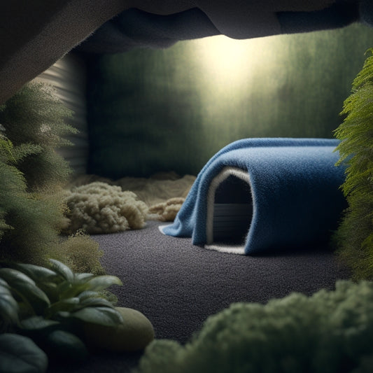 An illustration of a crawl space with various eco-friendly insulation materials, such as recycled denim, wool, and radiant barrier, amidst lush greenery and a subtle earthy tone background.