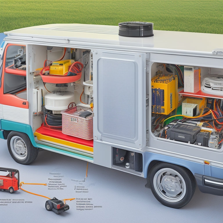 A detailed illustration of a van's electrical system, showcasing a battery, solar panels, an inverter, and wires, with color-coded connections and a clutter-free, organized layout.