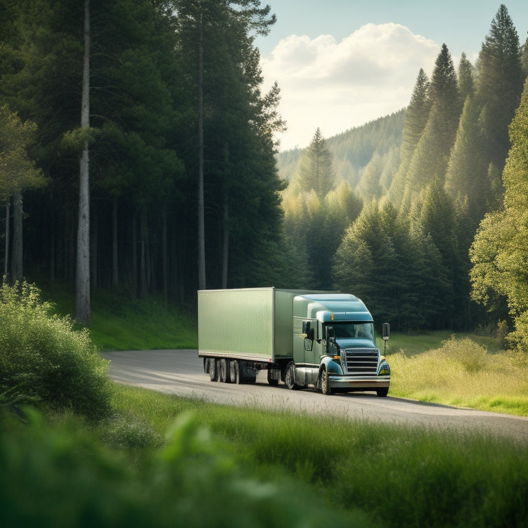 A serene landscape with a truck parked in the foreground, surrounded by lush greenery and a faint recycling symbol subtly integrated into the truck's design or accessories, conveying eco-friendliness.