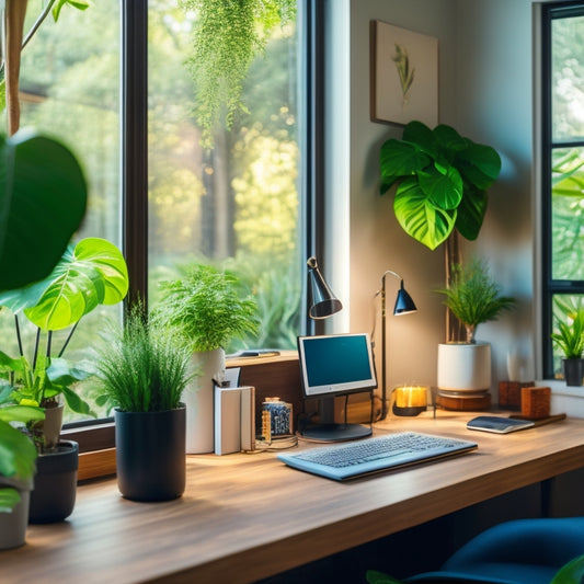 A modern home office with a sleek wooden desk, surrounded by lush green plants, featuring a solar-powered lamp, a wireless charging pad, and a small solar panel on the windowsill.