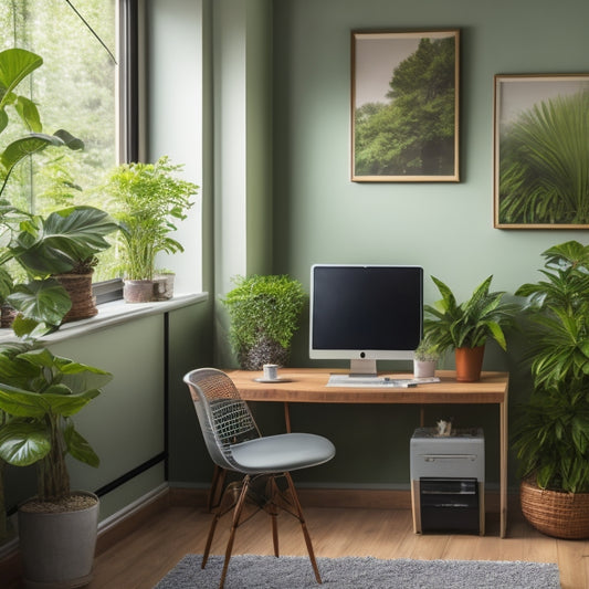 A serene home office with a desk fan, laptop, and plants, surrounded by a calming green wall, with a subtle mist of water vapor rising from a compact evaporative cooler in the corner.