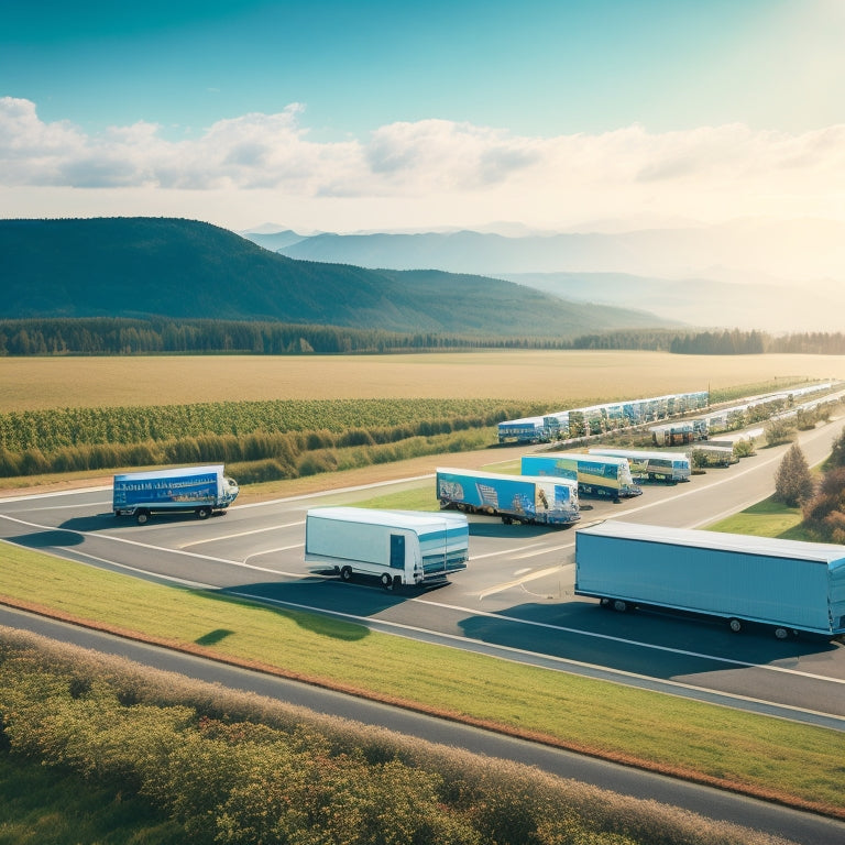 A serene landscape with a fleet of trucks and vans parked in a row, each adorned with solar panels on the roofs, surrounded by wind turbines and lush greenery.