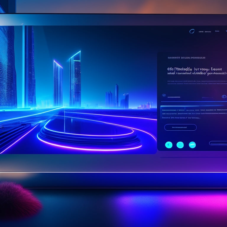 A futuristic, sleek, and minimalist 3D website interface with glowing neon lines, floating product displays, and a blurred cityscape background, evoking a sense of innovation and luxury.