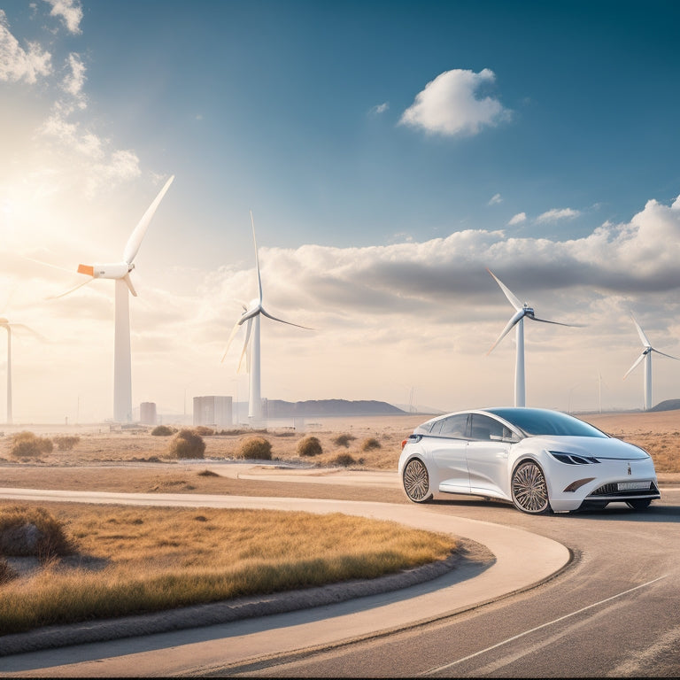 A futuristic landscape with a gleaming white electric vehicle at its center, surrounded by swirling wind turbines, solar panels, and a subtle grid of interconnected energy lines.