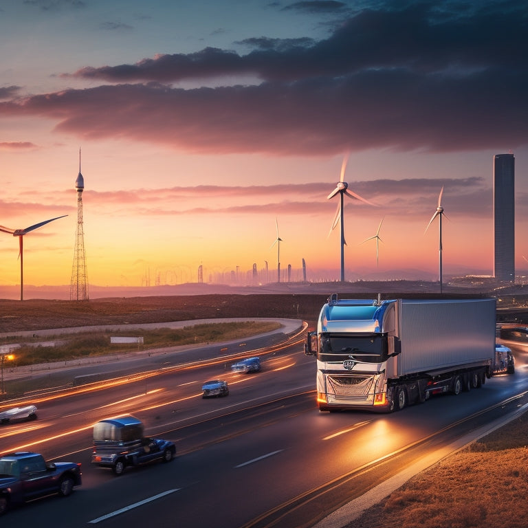 A futuristic highway scene at dusk, with sleek, electric Volvo semi-trucks hauling cargo containers, surrounded by blurred cityscape and towering wind turbines in the background.