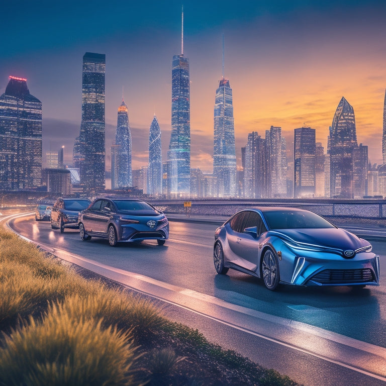 A futuristic cityscape at dusk with sleek, silver Toyota electric cars parked along a winding road, surrounded by glowing charging stations and neon-lit skyscrapers, under a starry night sky.