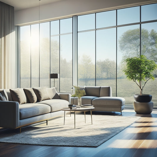 A modern living room with floor-to-ceiling windows, featuring automatic shades partially open to filter in warm sunlight, casting a soft glow on the sleek furniture and minimalist decor.