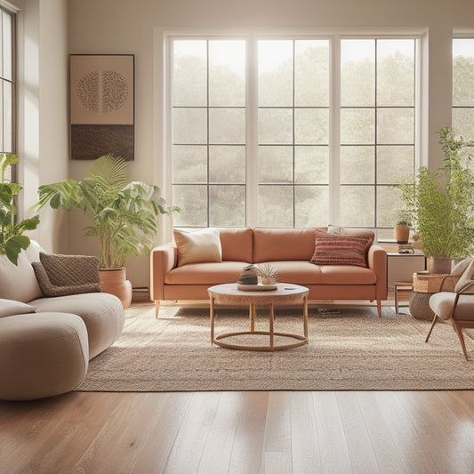 A serene, eco-friendly living room with a natural fiber rug in a warm, earthy tone, surrounded by large windows, plants, and minimalist furniture, bathed in soft, warm sunlight.