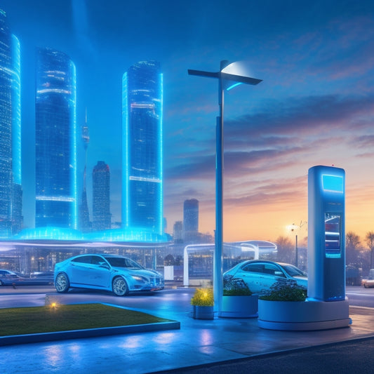 A futuristic EV charging hub with sleek, silver charging stations, illuminated by soft blue LED lights, surrounded by a cityscape at dusk, with a subtle grid of circuit boards in the background.