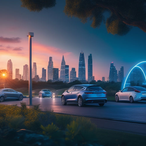 A futuristic cityscape at dusk with sleek, modern electric vehicles parked at charging stations, illuminated by soft blue LED lights, surrounded by lush greenery and a subtle, curved horizon.