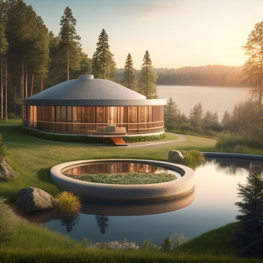 An illustration of a modern home with a subtle, wavy heat haze emanating from the roof, surrounded by lush greenery and a serene lake in the background, with visible underground pipes.