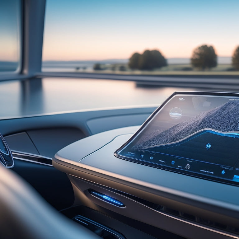 A futuristic dashboard with a sleek, curved screen displaying a 3D map of Europe, illuminated electric vehicle routes, and a minimalist, silver Citroen car icon in the foreground.