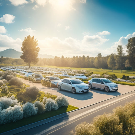 A serene landscape with a fleet of electric vehicles, each with solar panels on the roof, parked in a row, surrounded by lush greenery, under a bright blue sky with fluffy white clouds.