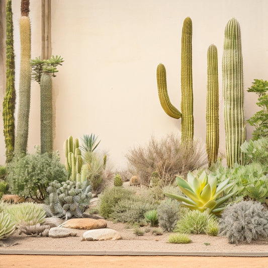 An image depicting a lush, vibrant vertical garden with diverse drought-resistant plants, such as succulents and cacti, thriving amidst a backdrop of dry, cracked earth and withered trees.