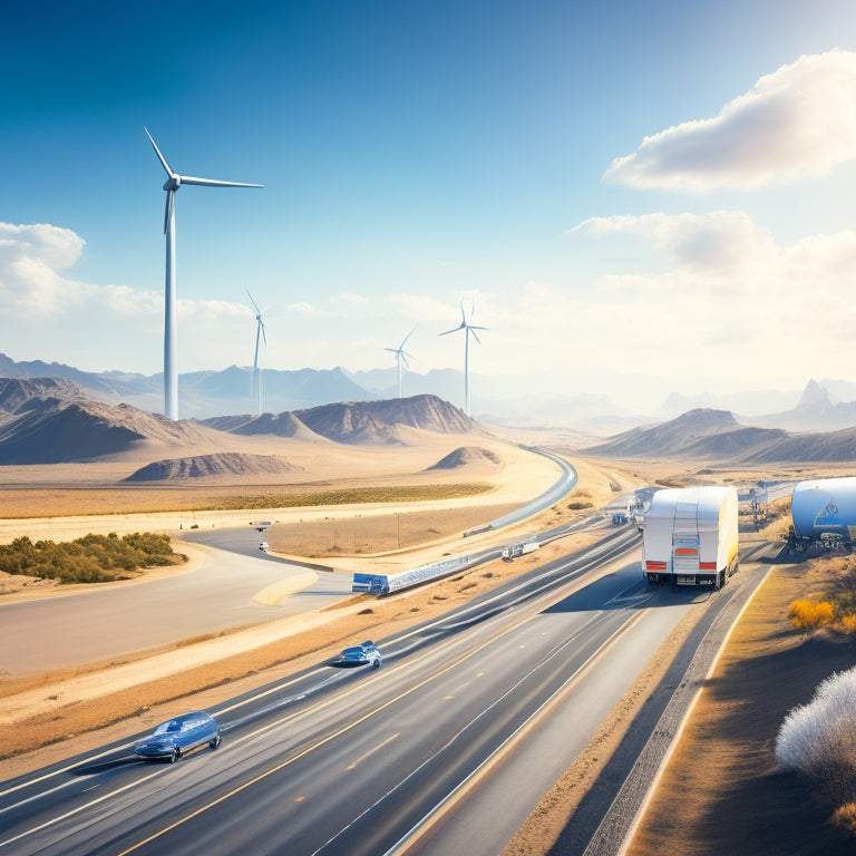 A futuristic landscape with a winding highway, lined with electric trucks of various shapes and sizes, amidst a backdrop of wind turbines, solar panels, and a bright blue sky with fluffy white clouds.