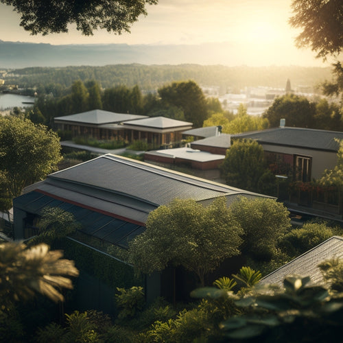 A photorealistic illustration of a cityscape with a stark contrast between dark, heat-absorbing rooftops and a single, gleaming cool roof, reflecting sunlight and surrounded by lush greenery.