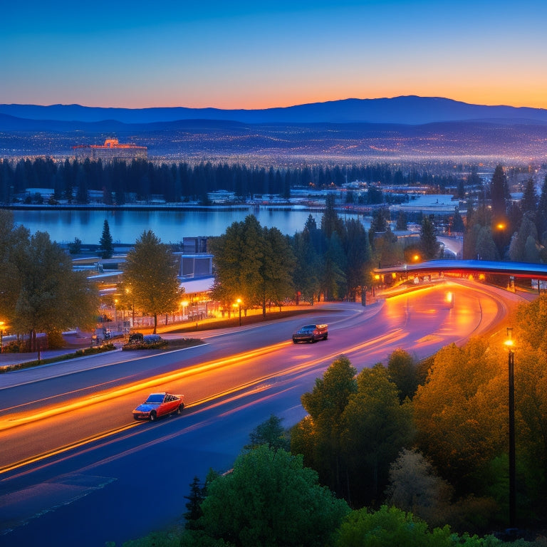 A serene cityscape of Spokane at dusk, with a row of Chevrolet electric vehicles (Bolt EUV, Bolt EV, and Silverado EV) parked along a tree-lined street, surrounded by neon-lit buildings and a subtle mountain range in the background.