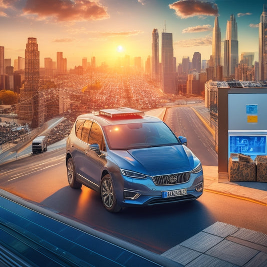 A stylized illustration of a car parked in front of a cityscape, with various e-commerce boxes and packages surrounding it, each with a solar panel peeking out, amidst a subtle grid of circuit boards in the background.