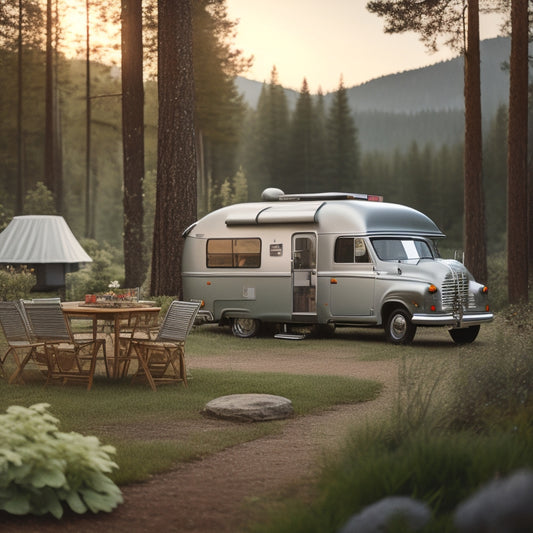 A serene campground scene with a sleek, silver camper van adorned with solar panels and a rooftop garden, surrounded by lush greenery and a few eco-friendly outdoor gear.