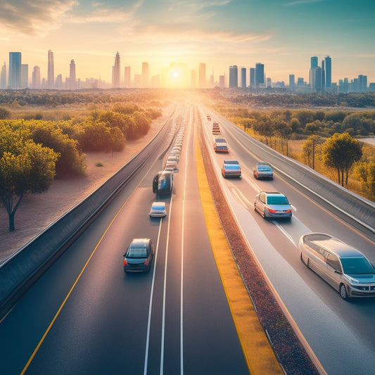 A stylized illustration of a highway with electric vehicles driving in opposite directions, some with diminishing battery symbols above them, amidst a subtle cityscape background with fading road lines.