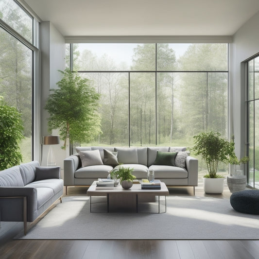 A serene, modern living room with floor-to-ceiling windows, adorned with sleek, light-gray cellular shades, and a few solar panels on the roof, surrounded by lush greenery and a sunny sky.