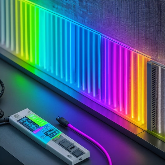 A sleek, modern power strip with built-in screen displaying colorful graphs and charts, surrounded by various plugged-in devices, against a clean, minimalist background.