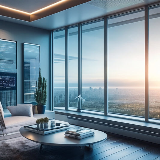 A futuristic home interior with a tablet displaying a virtual power plant dashboard, surrounded by smart devices and a cityscape outside the window, with renewable energy sources like solar panels and wind turbines.