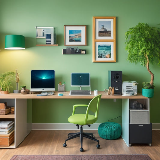 A tidy home office with a desk, ergonomic chair, and a few devices plugged into a sleek, compact power strip with built-in USB ports and a switch, set against a calming green background.