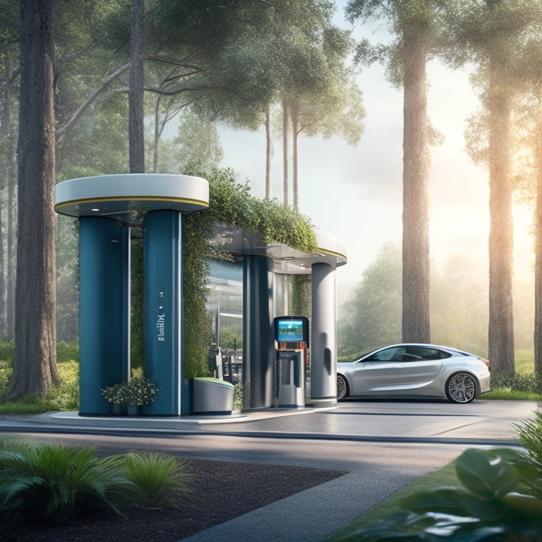 An illustration of a futuristic EV charging station with sleek, modern architecture, surrounded by lush greenery, featuring multiple charging points, a large digital display, and a waiting area with comfortable seating.