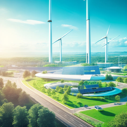 A futuristic cityscape with sleek, white wind turbines and solar panels integrated with air quality monitoring stations, depicted in a harmonious blend of greenery and clean energy infrastructure.