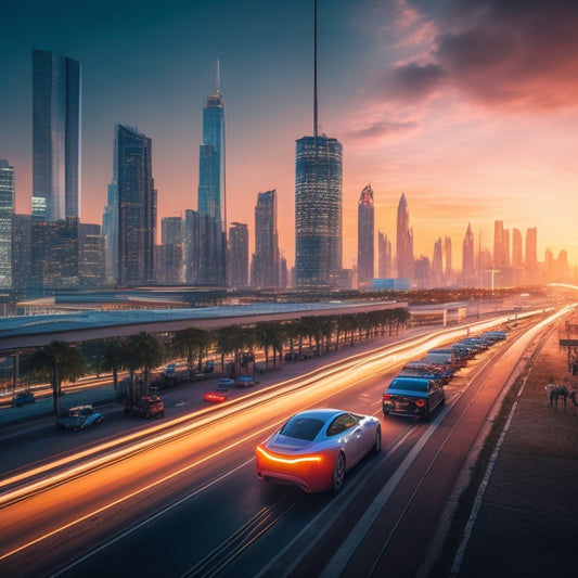 A futuristic cityscape at dusk with sleek, aerodynamic electric vehicles zooming by, their LED headlights illuminating a network of charging stations and solar panels amidst a backdrop of towering skyscrapers.