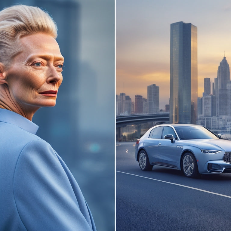 A split-screen image featuring Tilda Swinton posing confidently in front of a sleek, silver electric car, with a blurred cityscape in the background, contrasting with a dark, polluted highway on the other side.